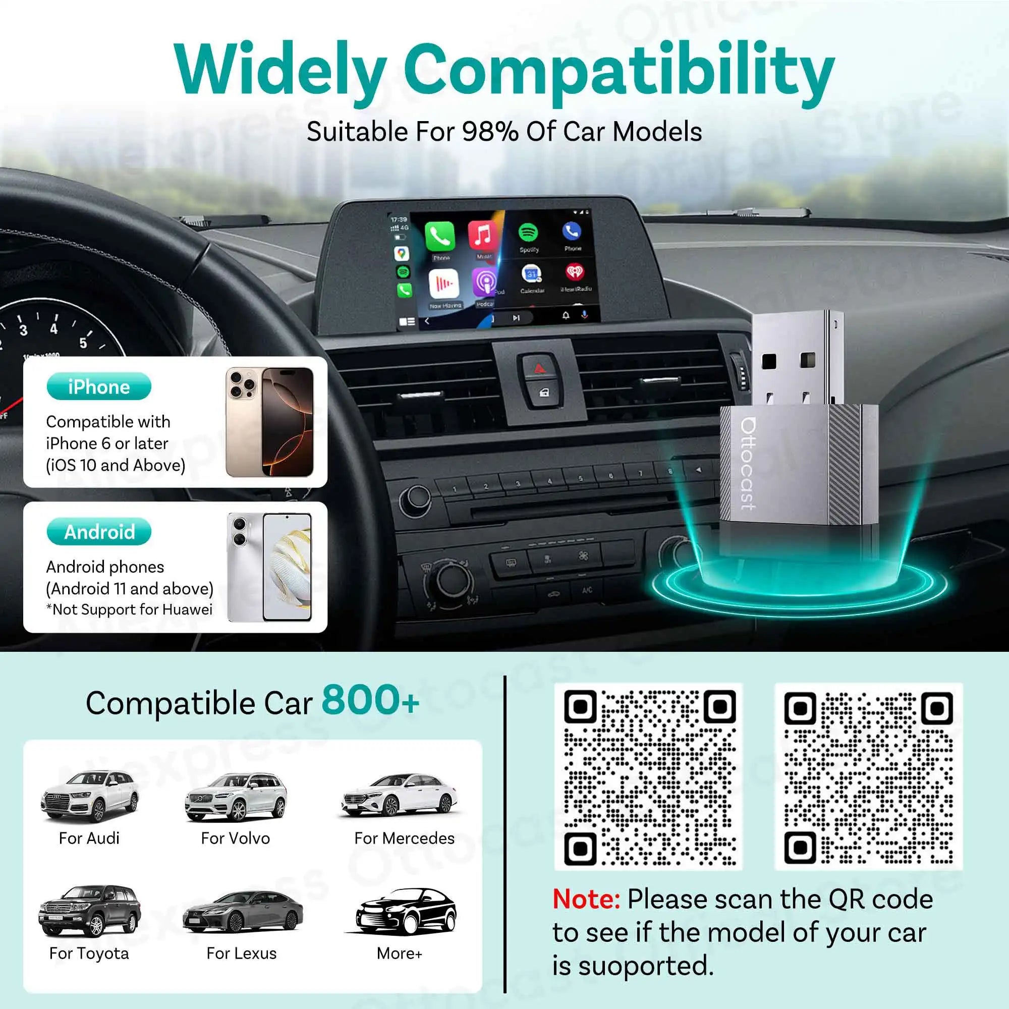 Mini Wireless CarPlay and Android Auto Adapter USB Dongle