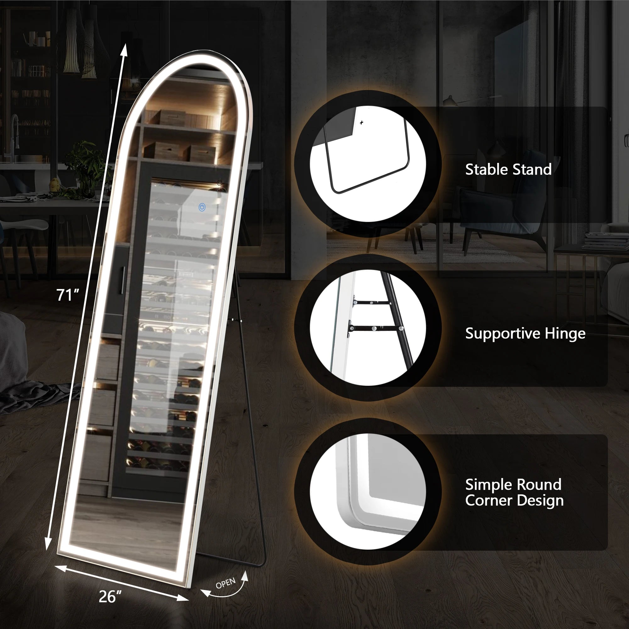 Oglindă LED cu lungime completă 71x26 cu moduri de iluminare reglabile
