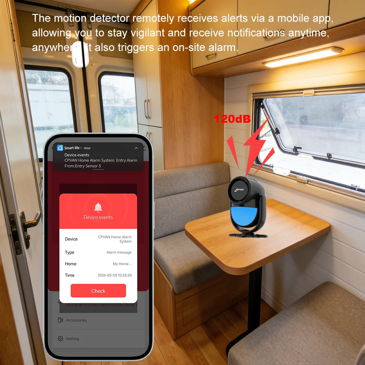 CPVAN Smart RV Alarm System With remote control and door sensor wireless WIFI Tuya Motion sensor Alarm 120dB motion detector