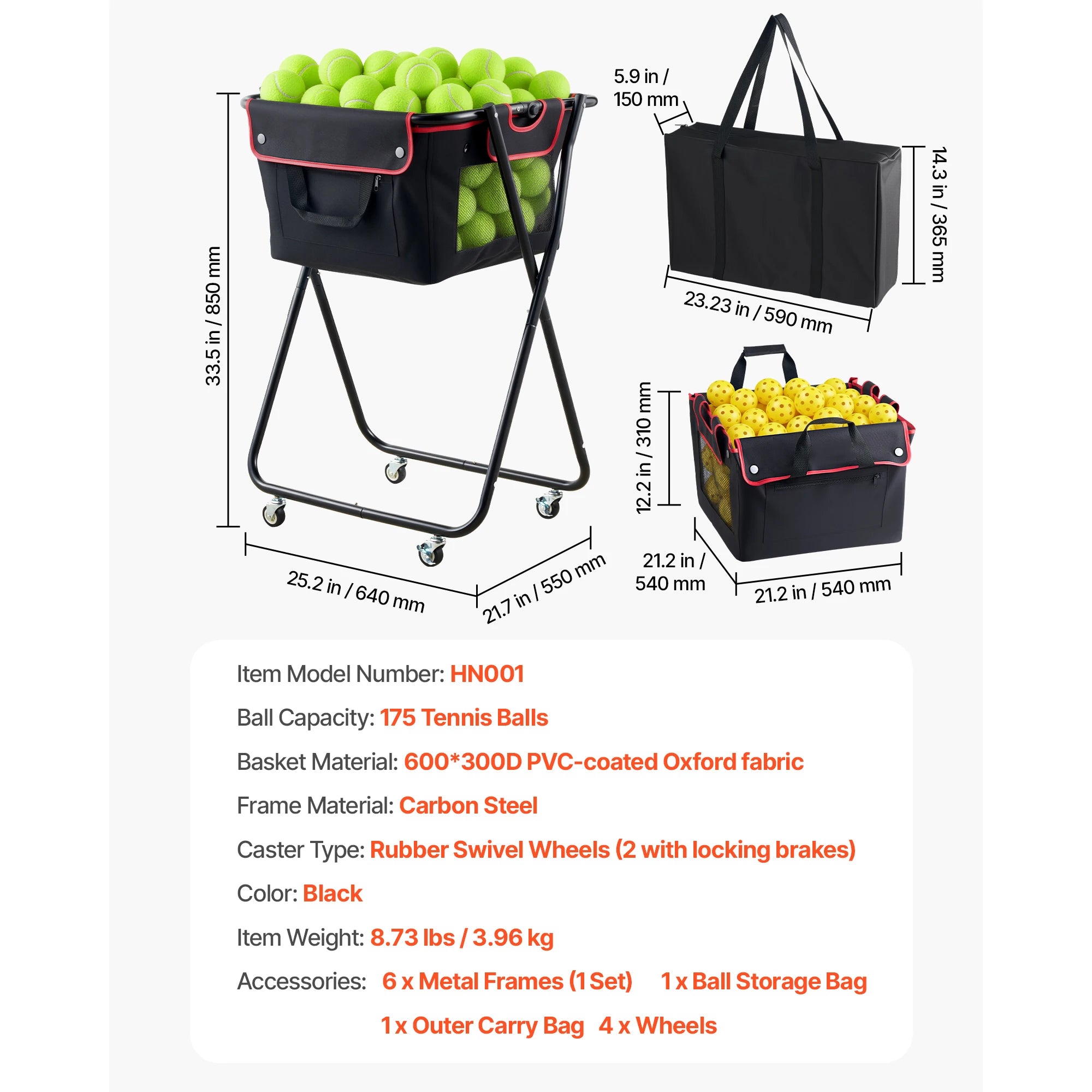 SucceBuy 175 Tennis Balls Hopper Holds 290 Pickleballs Foldable Pickleball Basket Cart with Wheels for Training Coaching Pick Up