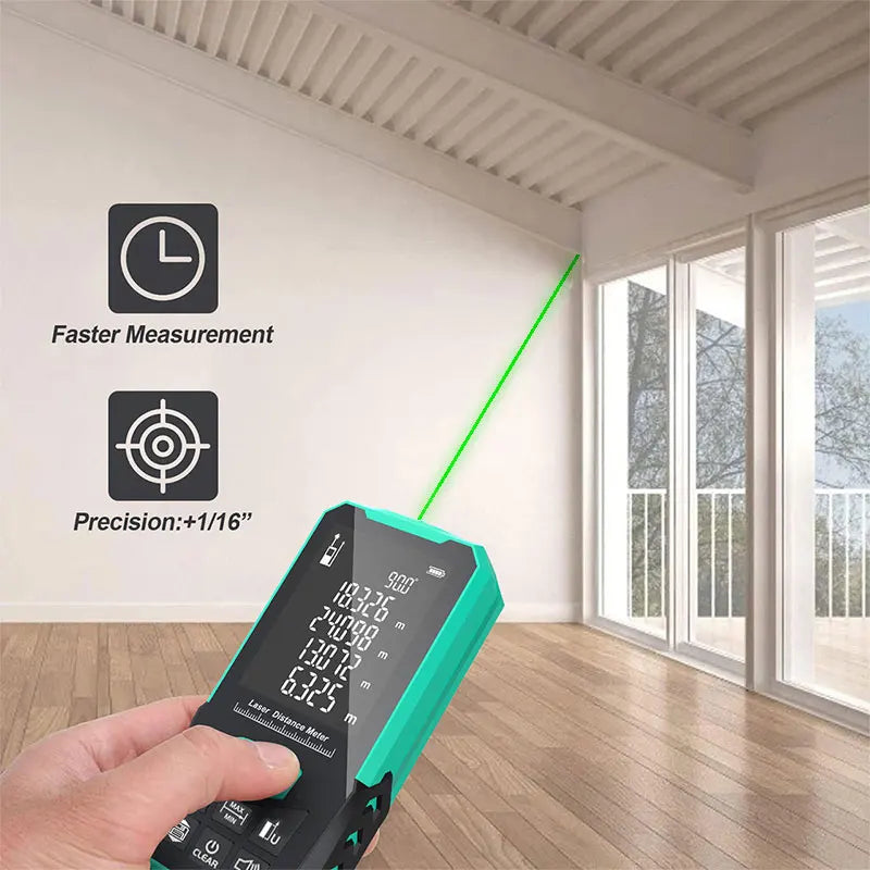 Laser Rangefinder, Green Laser Source, Multiple Measurement Modes, M/FT/IN Unit Switching, Battery Free, 5 Range Options