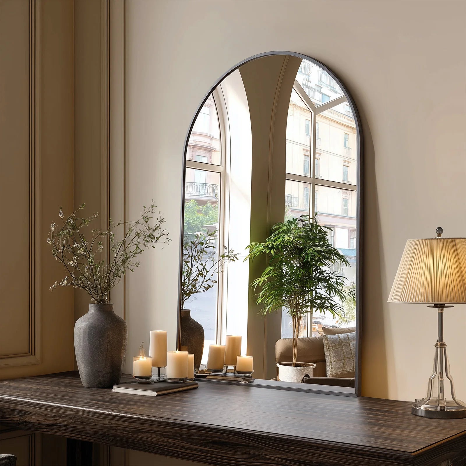 JHK 26"x38" obloukové zrcadlo s kovovým rámem pro zavěšení na zeď, skleněné zrcadlo, moderní nástěnná dekorace do ložnice a předsíně