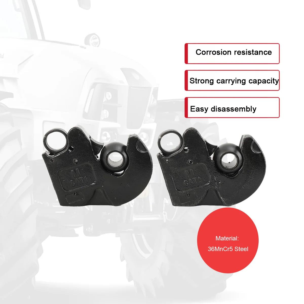 2-Pack CAT I Lower Link Quick Hitch Hooks with Balls for 60-120 HP Tractor 36MnCr5 Steel 7.5 Kg Each - Agricultural Tractor Hitch System 2-Pack CAT I Lower Link Quick Hitch Hooks with Balls – 60–120 HP Tractor 36MnCr5 Ste