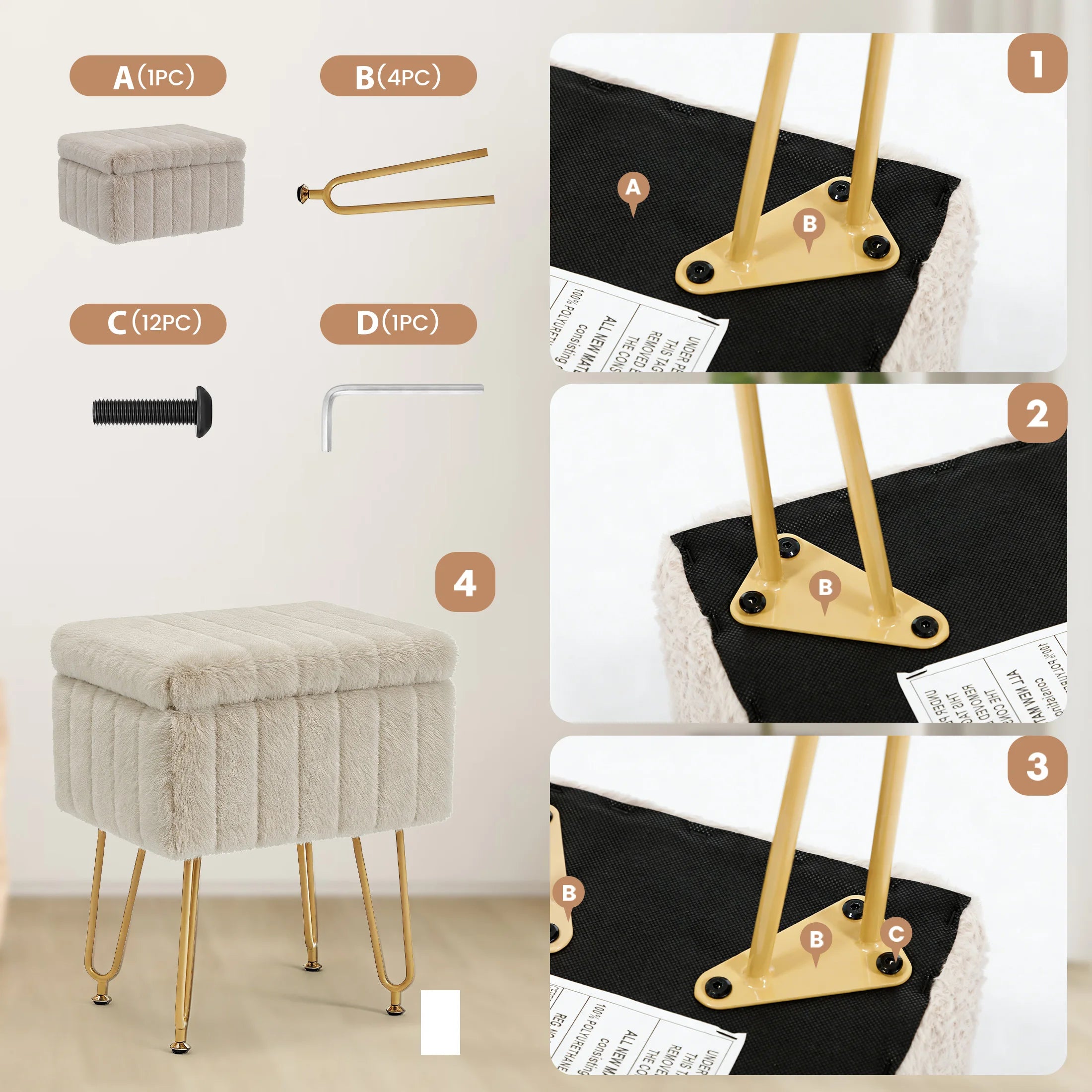 Faux Fur Vanity Stool with Hidden Storage and Metal Legs