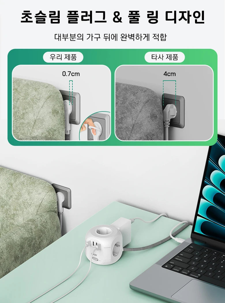 LENCENT EU Plug Power Strip with 4 AC Outlets 3 USB Port 1 Type C 2M/3M Braided Cable Multi Socket with Switch for Home 