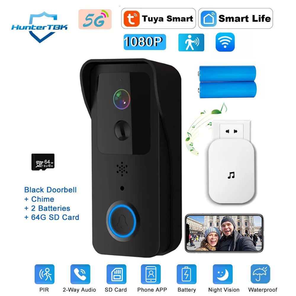 5G 2.4G WiFi Video Doorbell 1080P Tuya Smart Outdoor Wireless Intercom Waterproof Wireless Camera Ringing Bell 