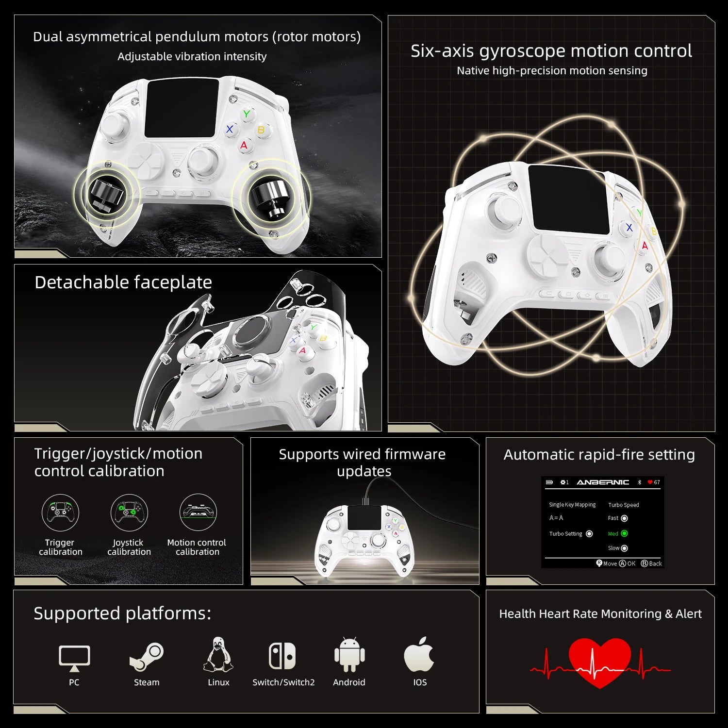 Interactive Screen Wireless Gaming Controller for PC, Steam, Linux, Android, Switch, iOS
