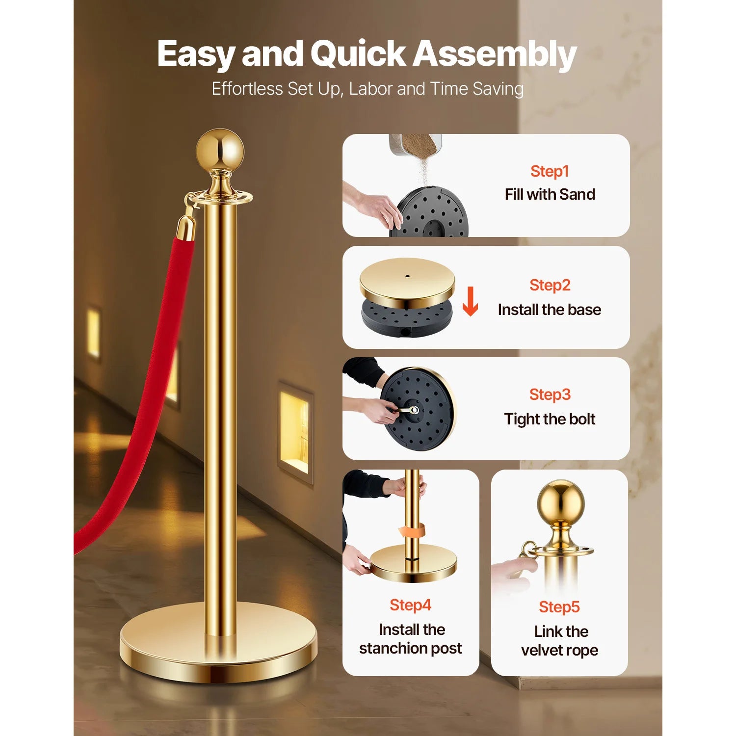 SucceBuy Corralines de acero inoxidable 4/6/8 piezas poste con base rellenable, cuerdas de terciopelo rojo y postes, barreras de control de multitudes para fiestas y museos