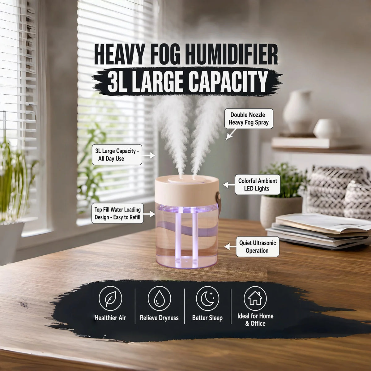 3 L USB Ultrasonic Humidifier with Dual Mist Outlets