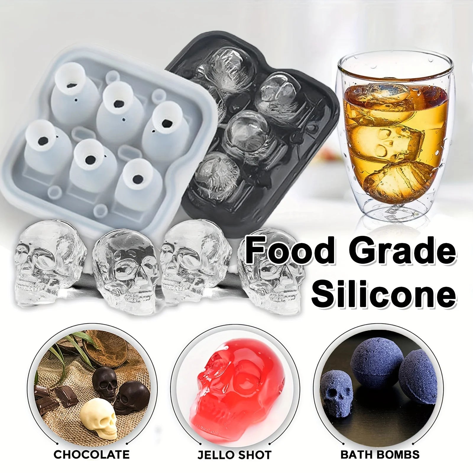 Skull Ice Ball Mold Silicone 3D Flexible Ice Cube Trays BPA Free Ice Trays For Freezer Horror Skull Head Cocktail Ice Ball Maker 