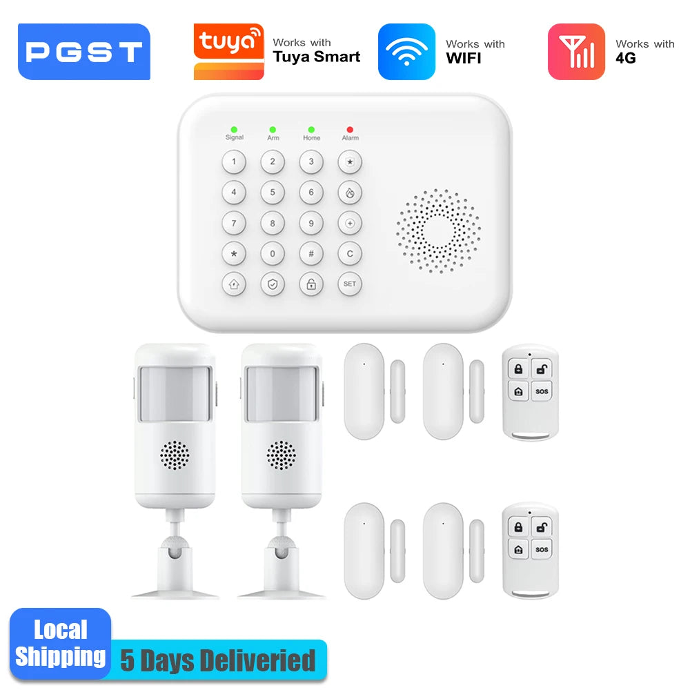 PGST 4G WiFi Smart Wireless Burglar Anti Theft Alarm Security Kit Works with Tuya Works with Smart Life Mobile Phone Remote Arm Disarm Real Time Alarm Push Door Sensor Motion Detector Full Set Smart Home Safety Device Europe
