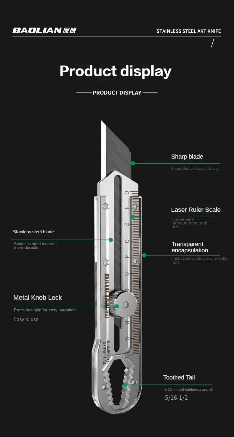 Utility Knife Box Cutter 8 In 1 Mutipurpose Stainless Steel Retractable Heavy Duty Waterproof Snap off Cutter Knife And Blades 