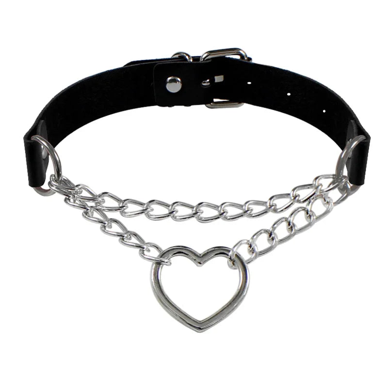 PU Leather Collar With A Leash Cosplay Metal Chain Heart Pendant Necklace Jewelry Punk Bdsm Slave Gothic Goth Choker For Woman 