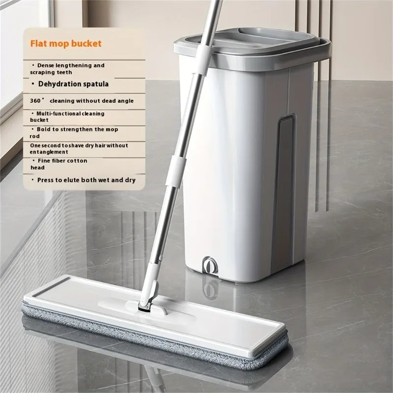 Hands-Free Flat Mop and Bucket Set with 4 Reusable Microfiber Pads
