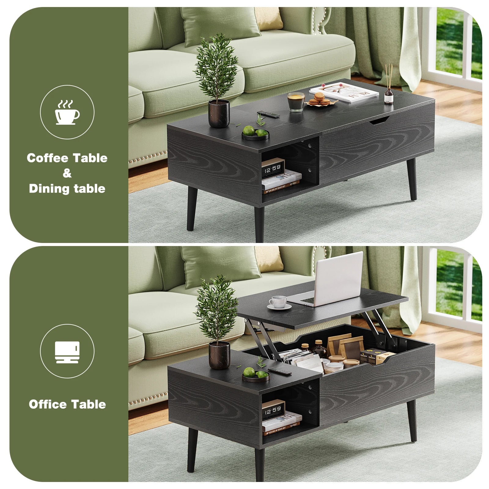 Couchtisch mit Hebefunktion und Ablagefach 39,37" Moderner Holztisch