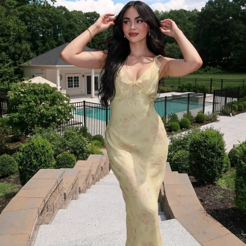 Cryptographic Summer Floral Print Plunge Maxi Dress Outfits Sexy Backless Fairy Sun Dresses Vacation Beachwear Vestido Coquette 