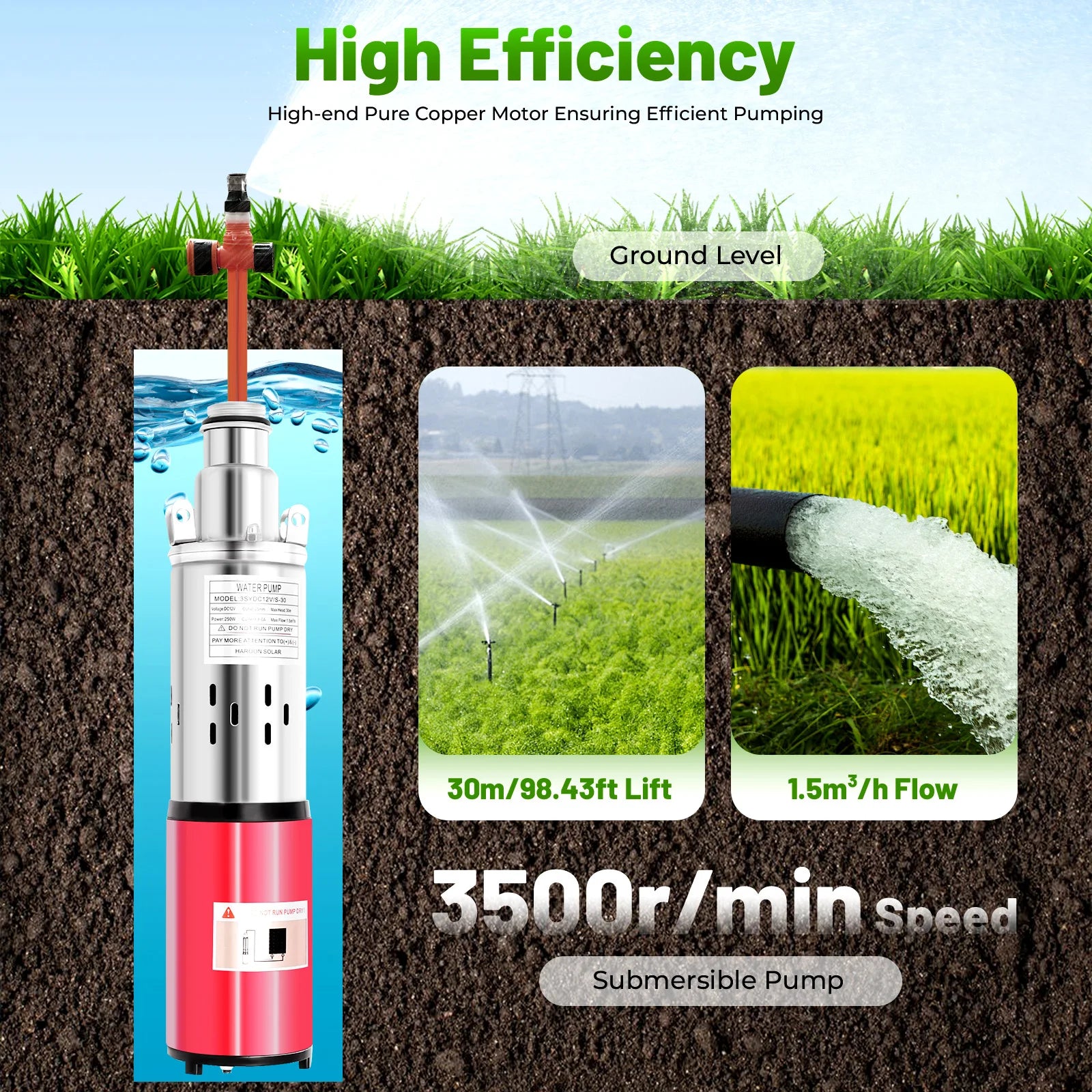 12V 180W Submersible Deep Well Pump for Irrigation 396GPH