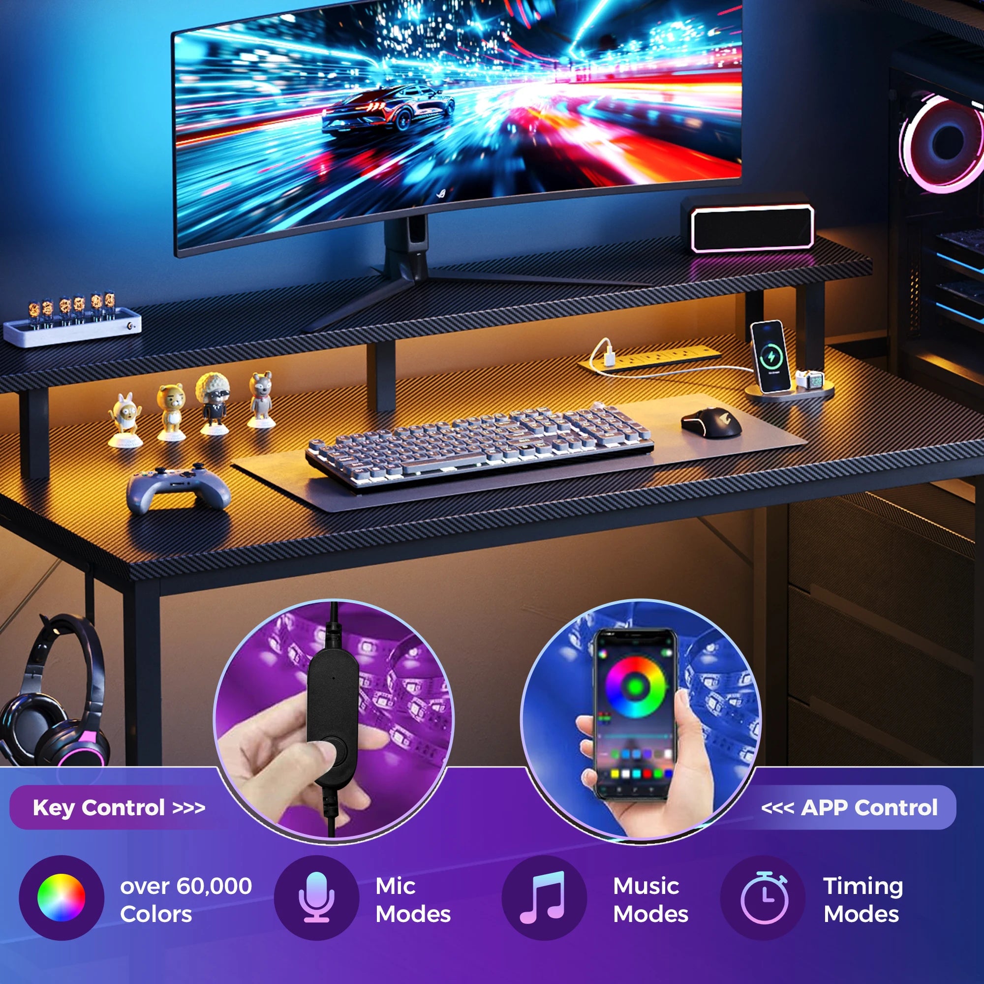 Reversible Gaming Desk with LED Lights, Power Outlets & Drawers
