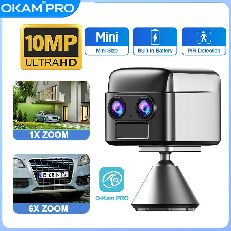 OKAM PRO WIFI MINI Double objectif HD 10MP Zoom 6X Caméra 4G SIM With Two-Way Talk Vision nocturne Détection de mouvement PIR Caméra de sécurité étanche
