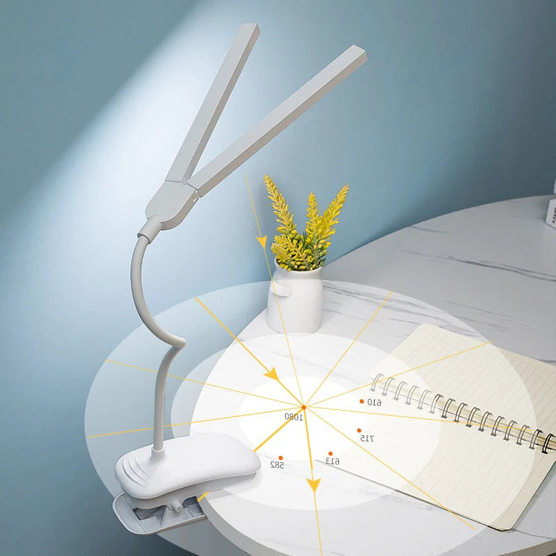 LED Clip Reading Lamp with Two Heads and Touch Dimming