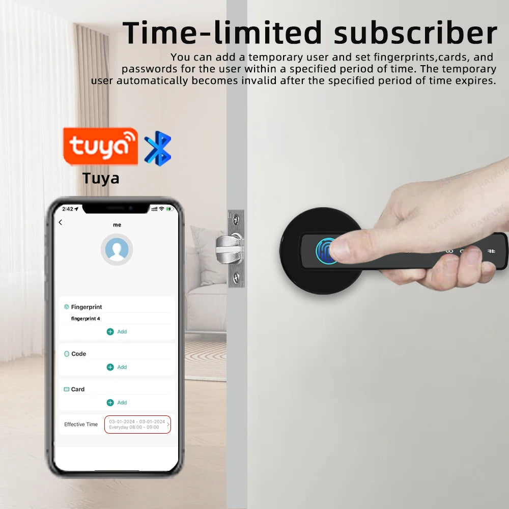 RAYKUBE M5 Tuya BLE Smart Fingerprint Door Lock Digital Electronic Lock with Password/Key/IC Card/ Smartlife/ Tuya APP Unlock 