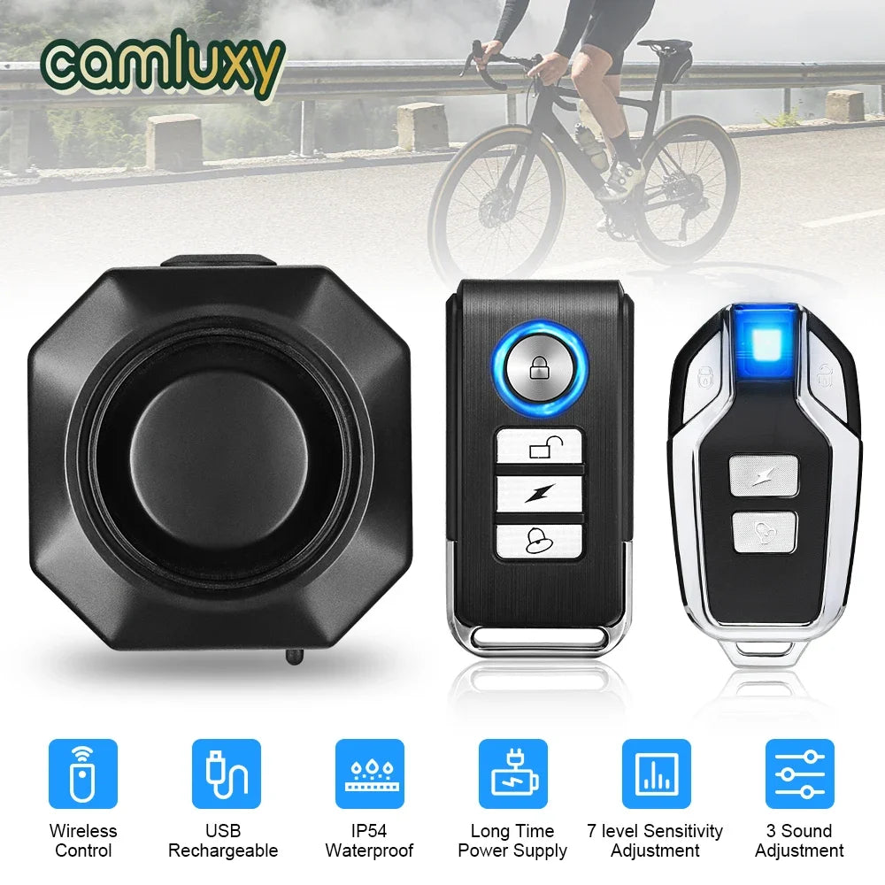 Camluxy Wireless USB Charging Waterproof Bike Alarm Remote Control Vibration Detector Alarm Motorcycle Burglar Alarm 