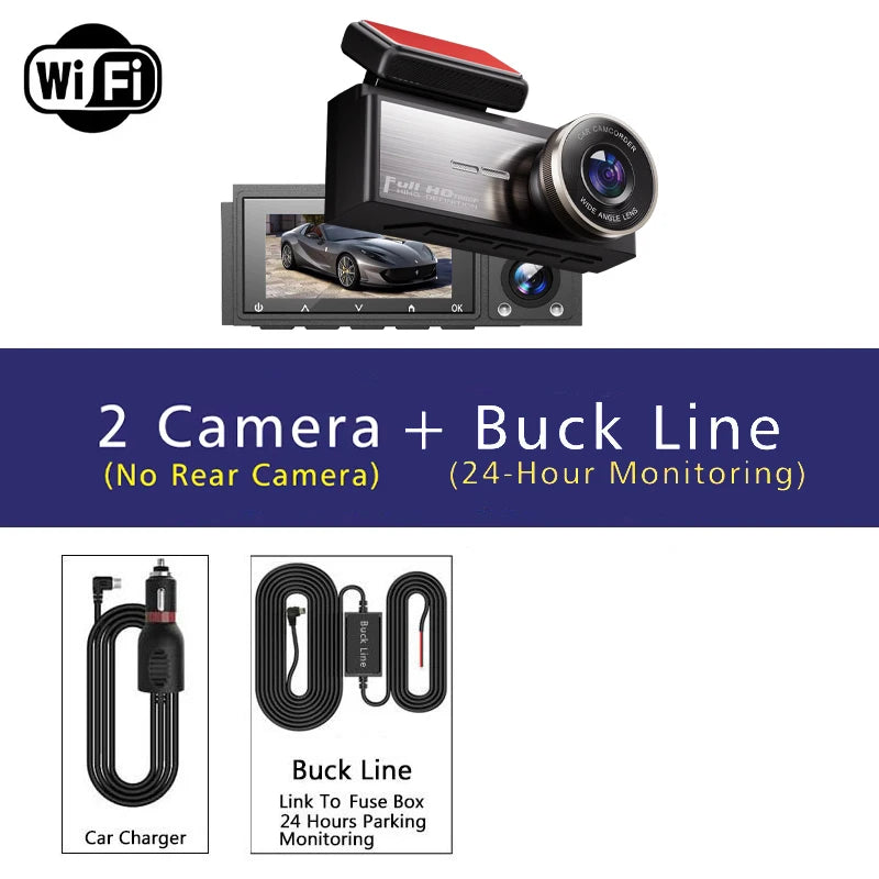 3-kanaals dashcam HD 1080P wifi, DVR voor in de auto, camera met drie lenzen, DVR-videorecorder, dashcam-camcorder