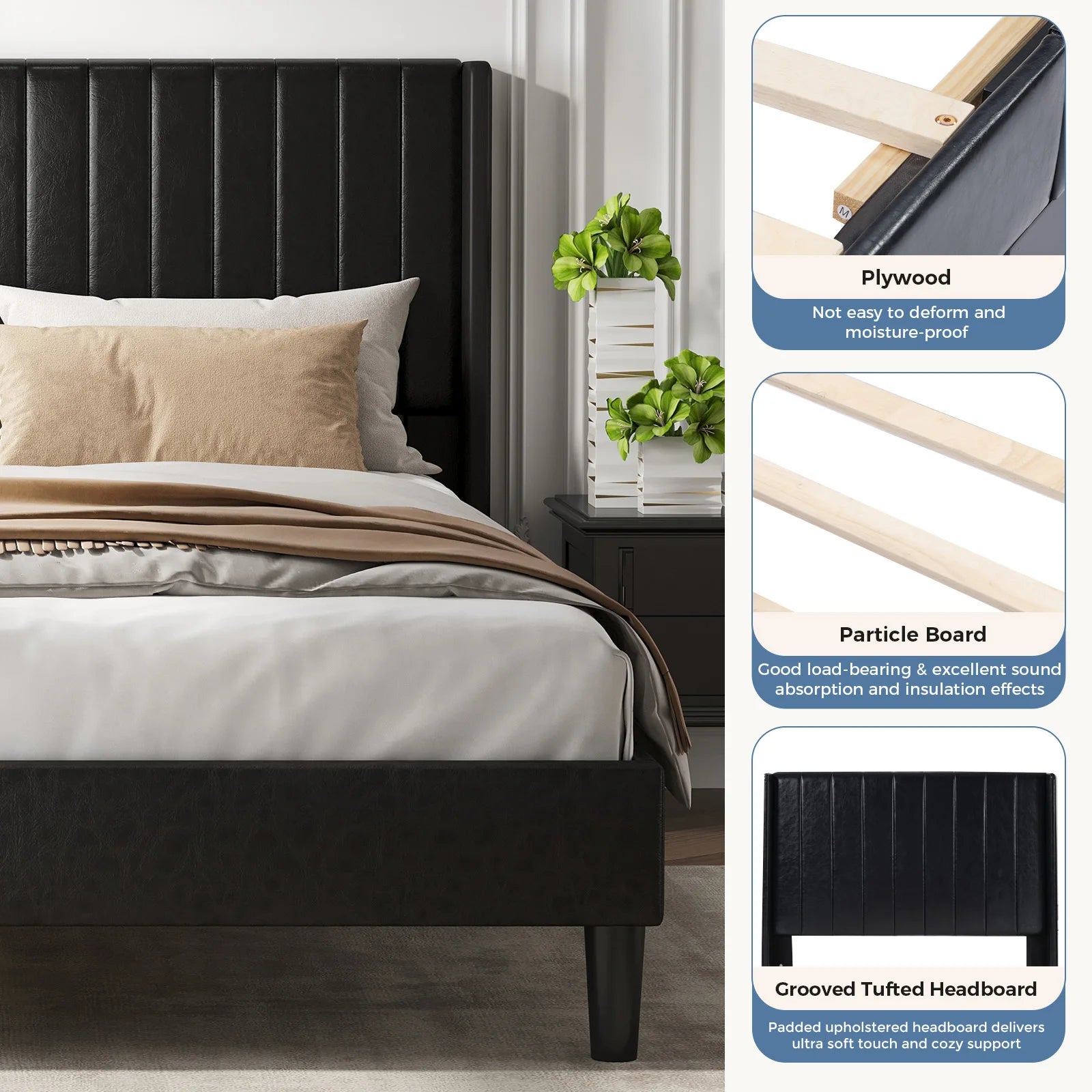 Upholstered Platform Bed Frame with Wingback Headboard and Storage