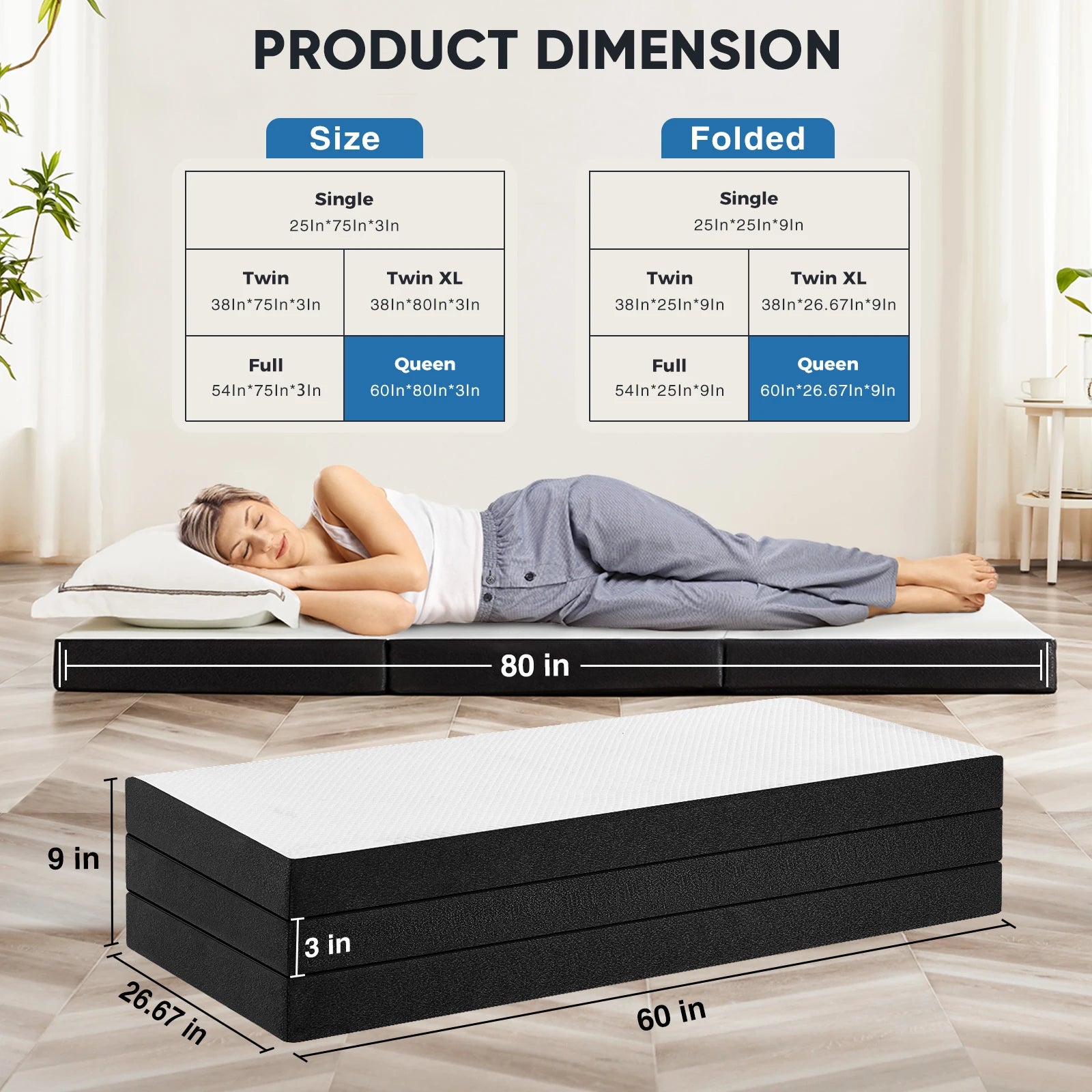 Foldable Tri-Fold Memory Foam Mattress 3 Inch Portable Bed Pad