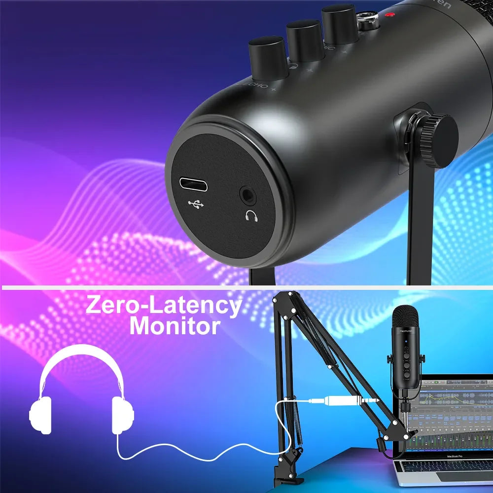 Haomuren Professional USB Streaming Podcast PC Microphone Studio Cardioid Condenser Mic Kit with Boom Arm For Recording YouTube 