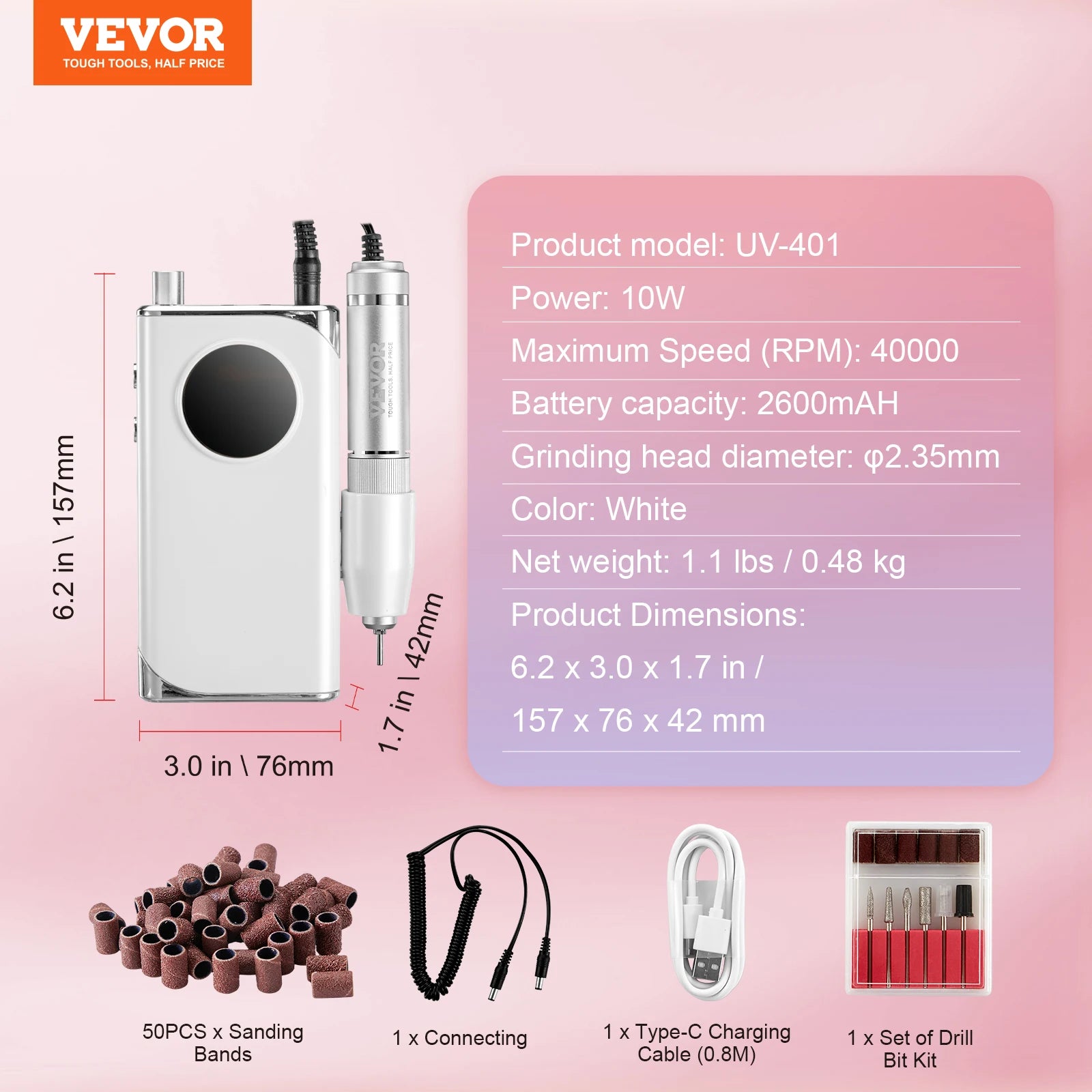 VEVOR Electric Rechargeable Nail Drill 35000/4000RPM Portable Cordless Nail E File Machine for Manicure Pedicure Carve Polish
