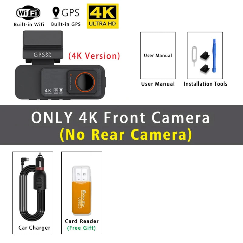 Dash Cam Dual Lens 4K UHD Recording Car Camera DVR Night Vision Video Recorder GPS Wi-Fi Room Black Box 2.5K Rear View Camera 