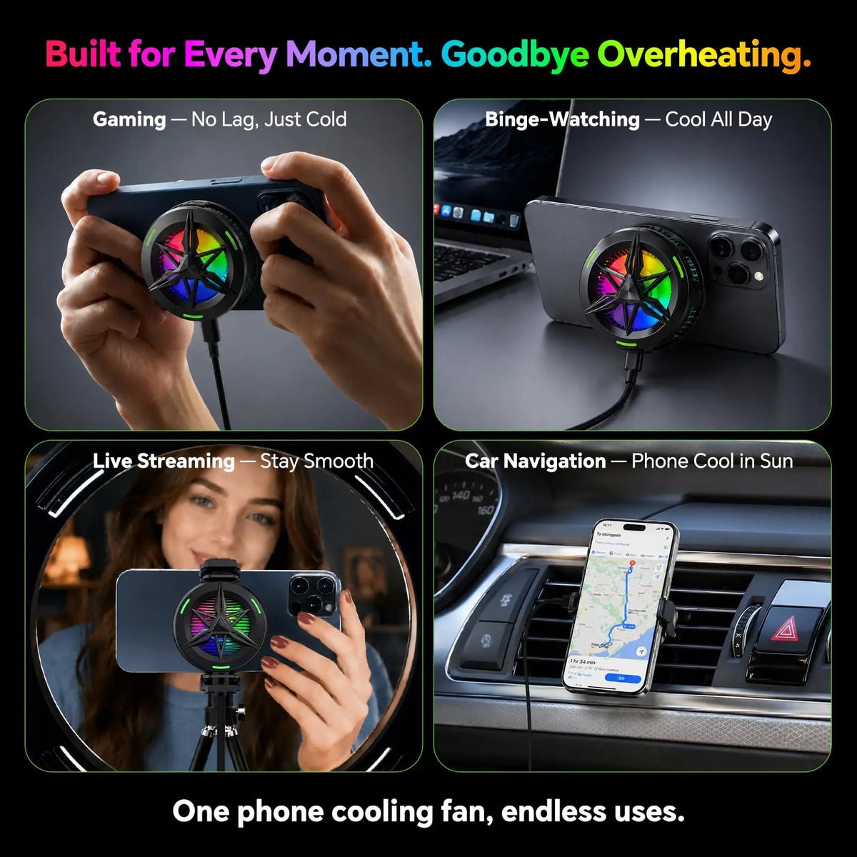 USB-C Phone Cooler with RGB and Magnetic/Clip Mounts