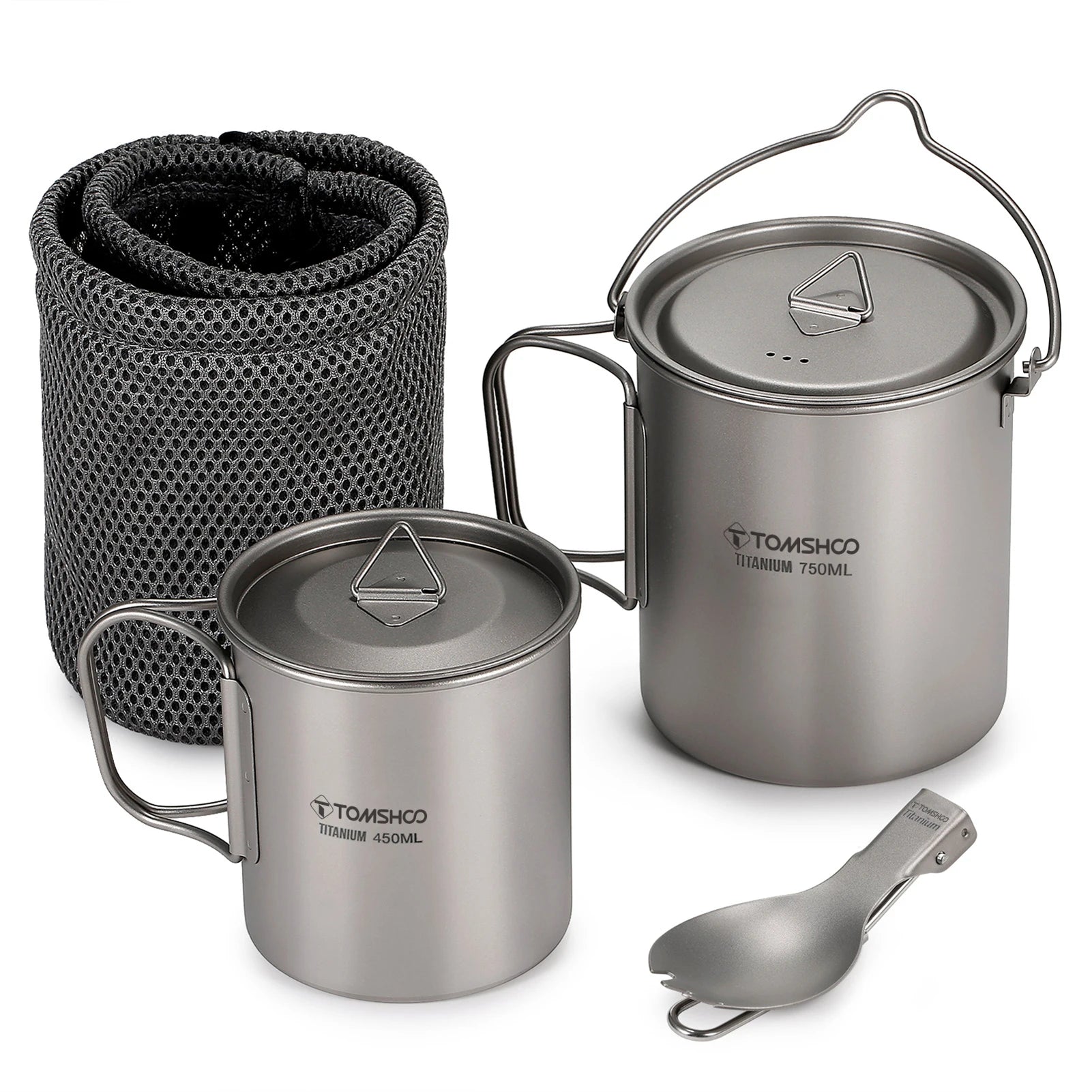 3-Piece Titanium Cookware Set with 750ml Pot, 450ml Cup, Folding Spork