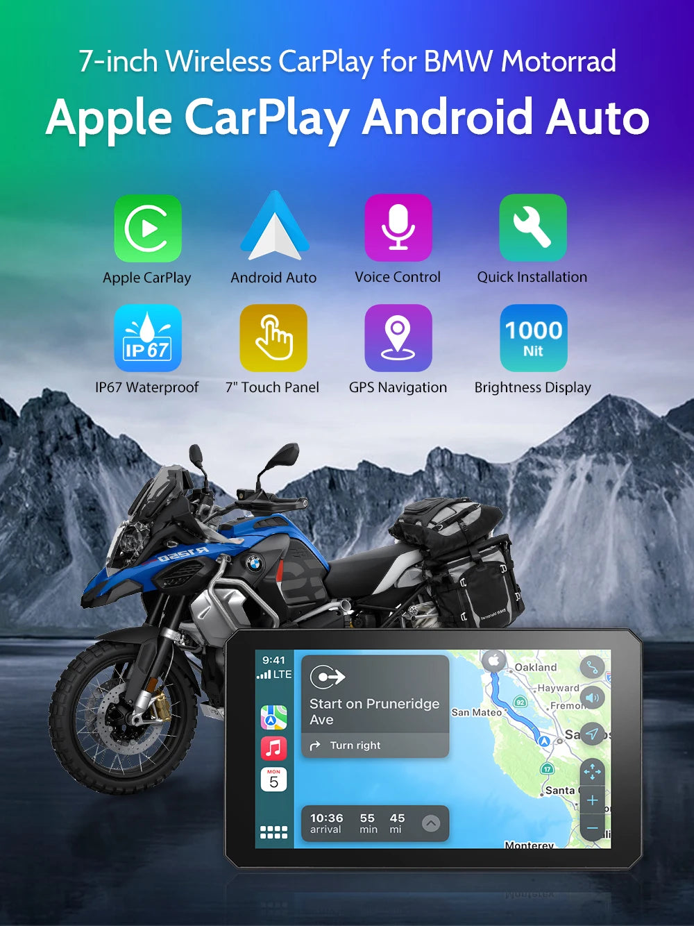 Navegador portátil para motocicleta B7 para BMW R1200 R1250GS S1000 M1000 XR ADV, táctil, al aire libre, impermeable, protector solar, CarPlay, Android Auto