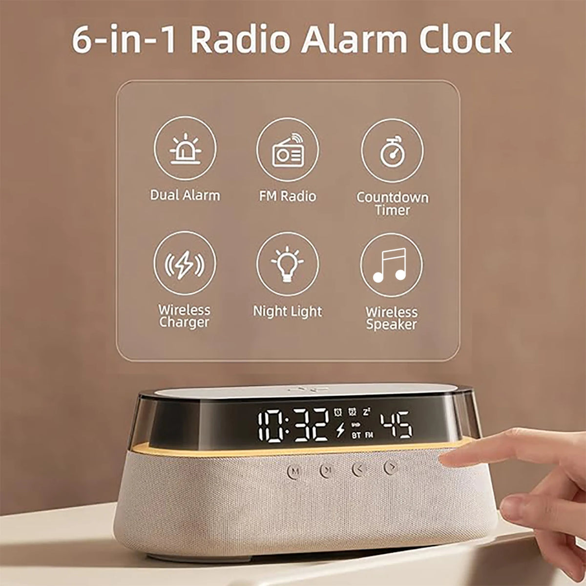 6-in-1 Smart Alarm Clock - 15W Wireless Charger, Bluetooth Speaker, FM Radio, Dual Alarm, USB Charger & RGB Night Light