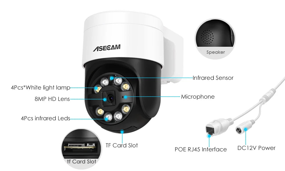 8MP 4K PTZ IP Security Camera with Face Detection, Audio, PoE and Color Night Vision