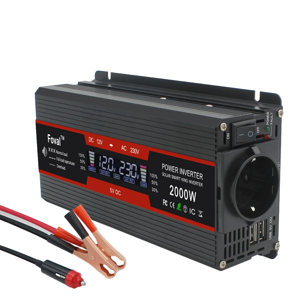 Мощен инвертор 1500W/2000W/2600W/3000W с LCD дисплей DC 12V към AC 220V, соларен, с 2 USB порта, автомобилен трансформатор, конвертор, EU щепсел, модифицирана синусоида 50Hz