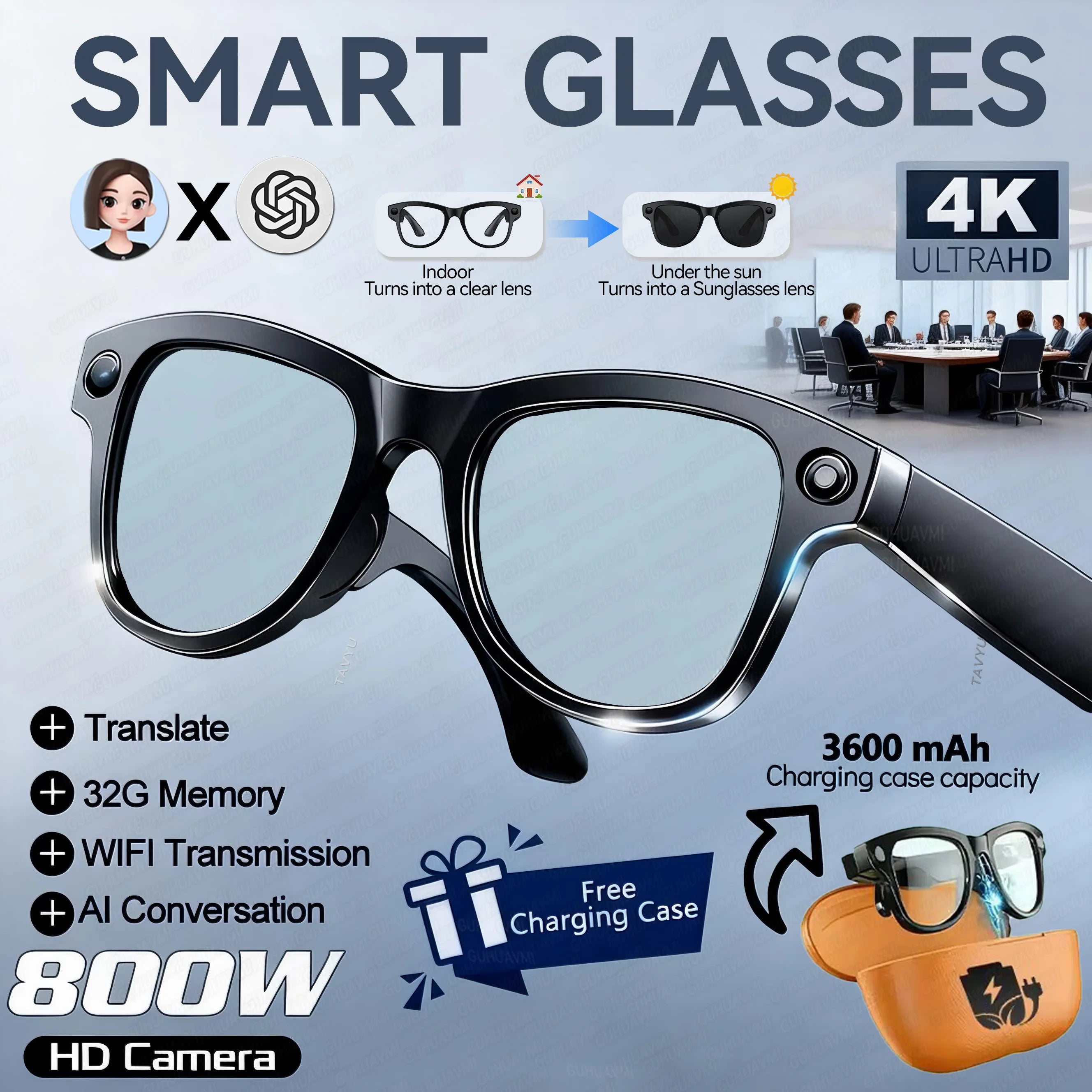 Óculos inteligentes 2026 com AI 1080p, câmera HD, M02, Ultra, ChatGPT, estojo de carregamento de 3600 mAh, banco de energia, 32 GB, tradução, música, vídeo, óculos de sol