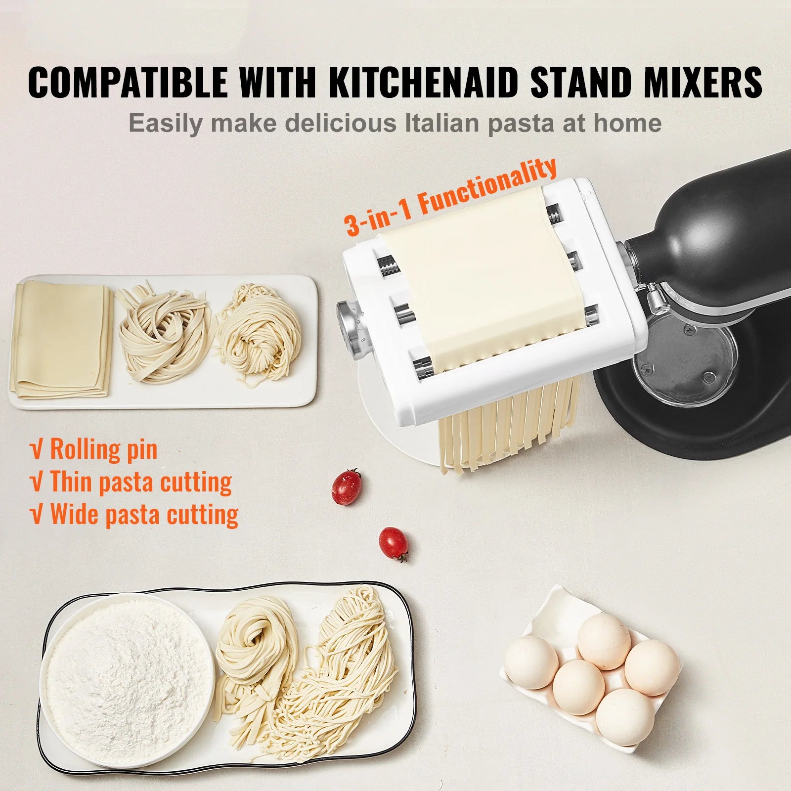 Accessoire 3-en-1 pour pâtes pour robot KitchenAid avec rouleau et coupe-pâtes