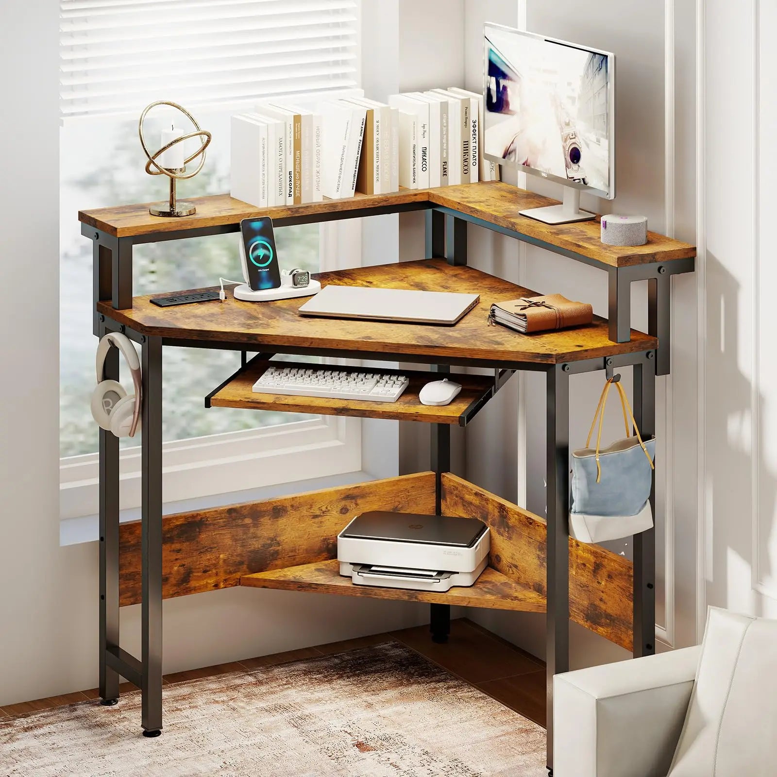 Corner Desk with LED Lights & Power Outlets for Small Spaces