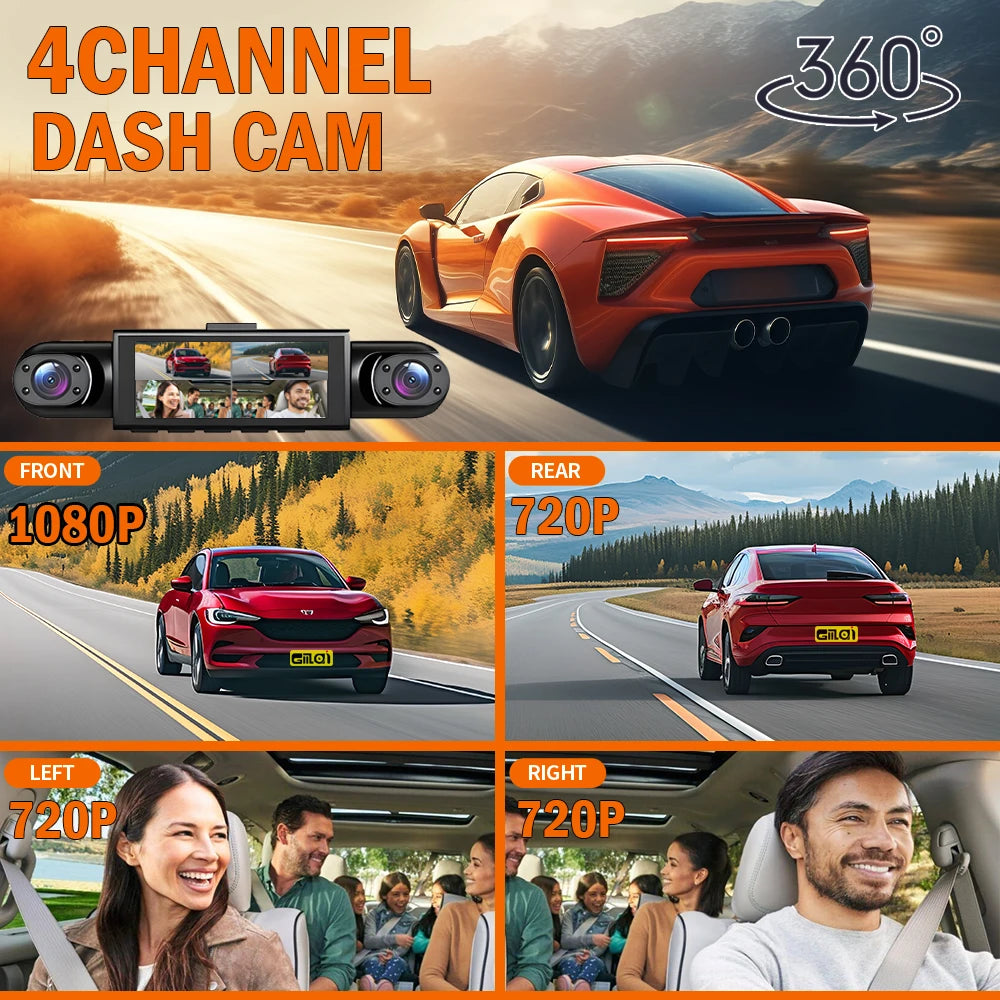 4 Channel Dash Cam 360° Car Video Recorder with Night Vision and Parking Monitor