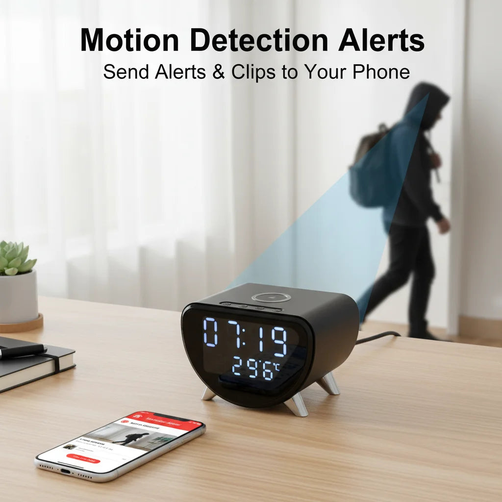 4K UHD WiFi Clock Camera, Indoor Surveillance with Motion Detection, Remote Real-Time View & Video Recording, Qi Wireless Charging Compatible, Suitable for Home Office Warehouse, Elegant Minimalist Design, TF Card Storage (No