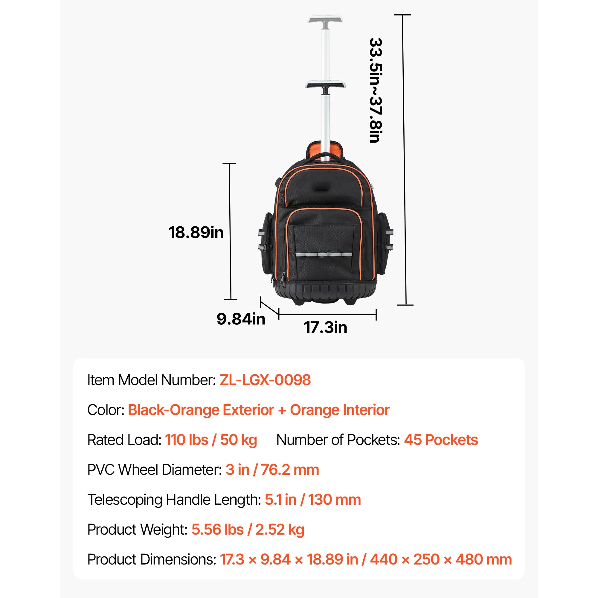 Rucsac cu roți pentru unelte, capacitate 110lb și depozitare cu multiple buzunare