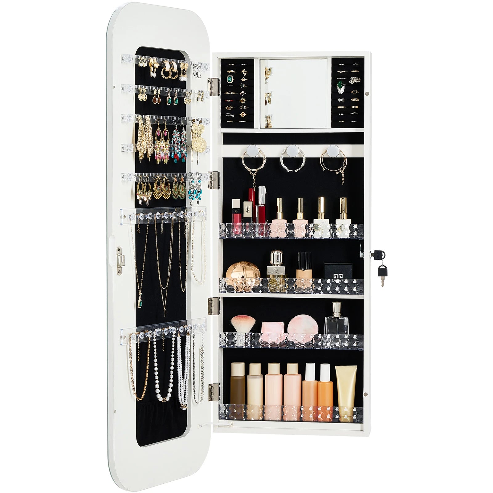 Full-Length Mirror Jewelry Cabinet with Lock & Hidden Storage