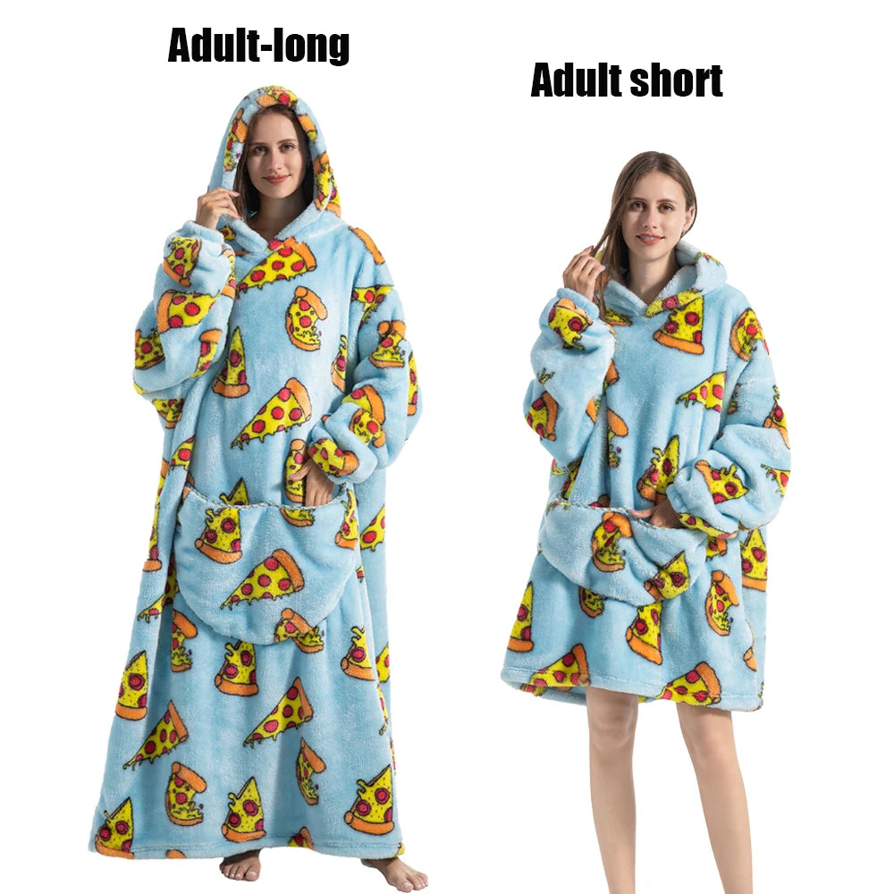 Women Plush Fleece Blanket Men Warm Thick Hoodies Adult Giant TV Blanlets with Sleeves Super Long Cold-proof Homewear Pajamas 