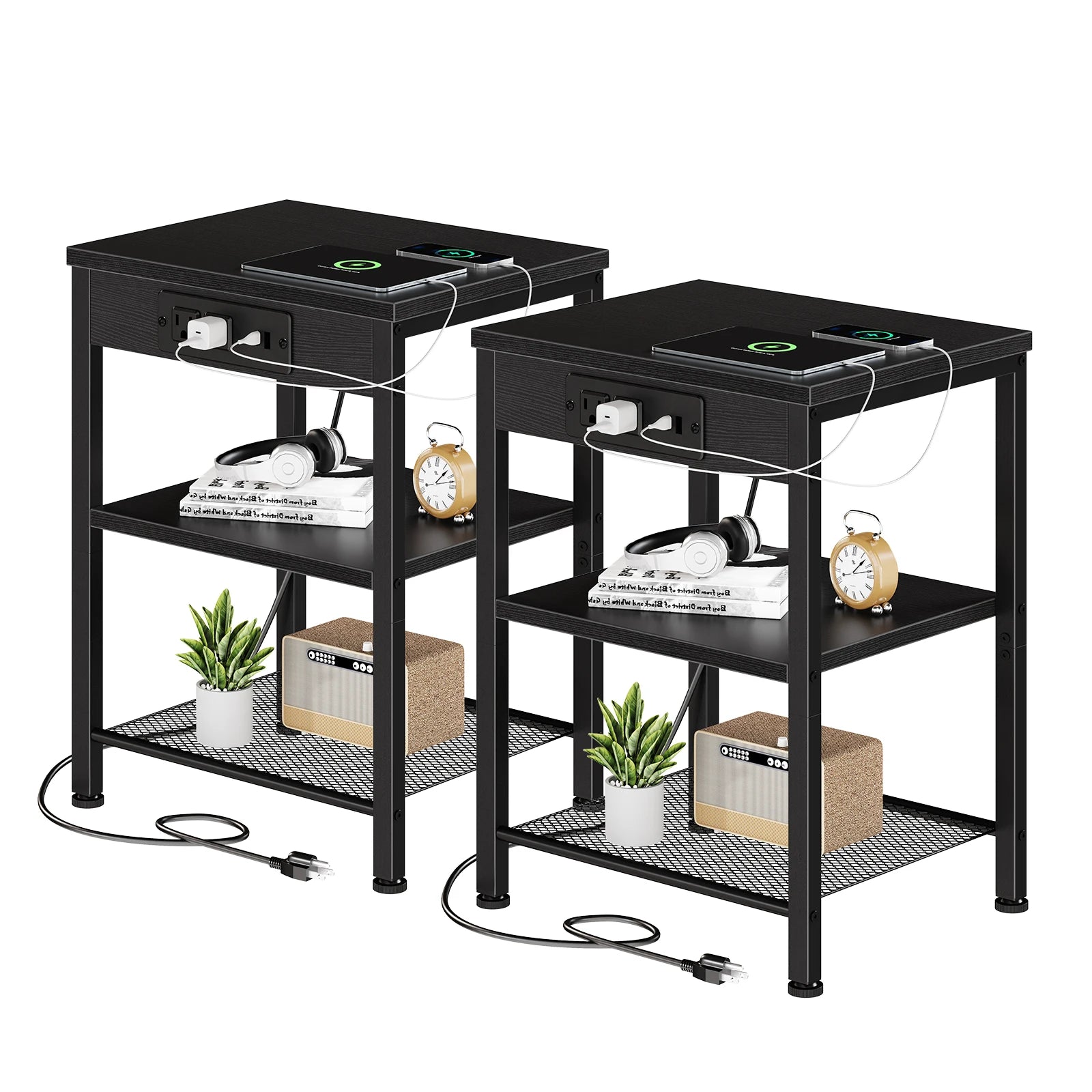 3-Tier Side Table with Charging Station and Adjustable Shelves