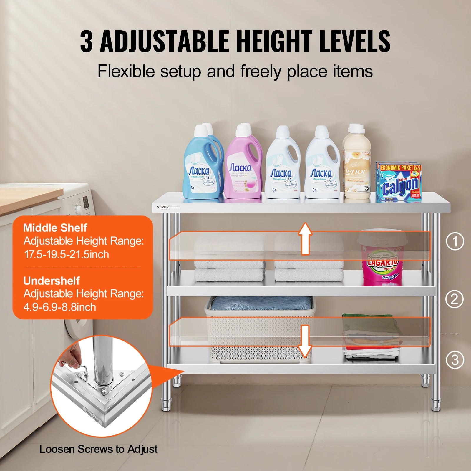 Ayarlanabilir Raflı Paslanmaz Çelik Çalışma Masası 14x48 İnç