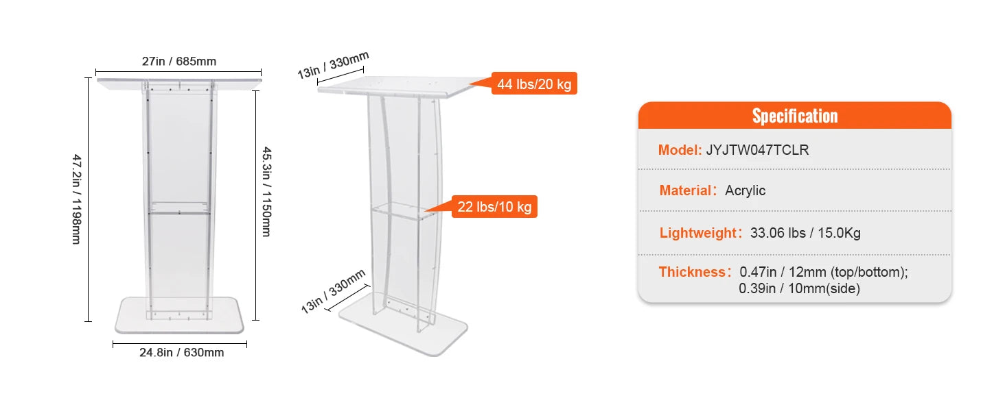 SucceBuy 47" Acrylic Podium Stand Floor-Standing Clear Pulpit Acrylic Desktop Lecterns w/ Storage Shelf for Church Office School