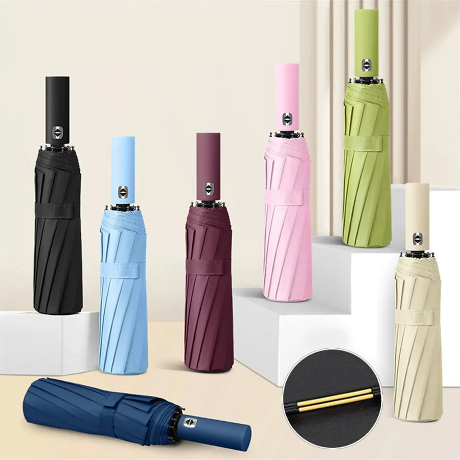 12 Bone Black Glue Fully Automatic Umbrella With Thick And Durable Keel Three Fold Umbrella UV Resistant Folding Umbrella 